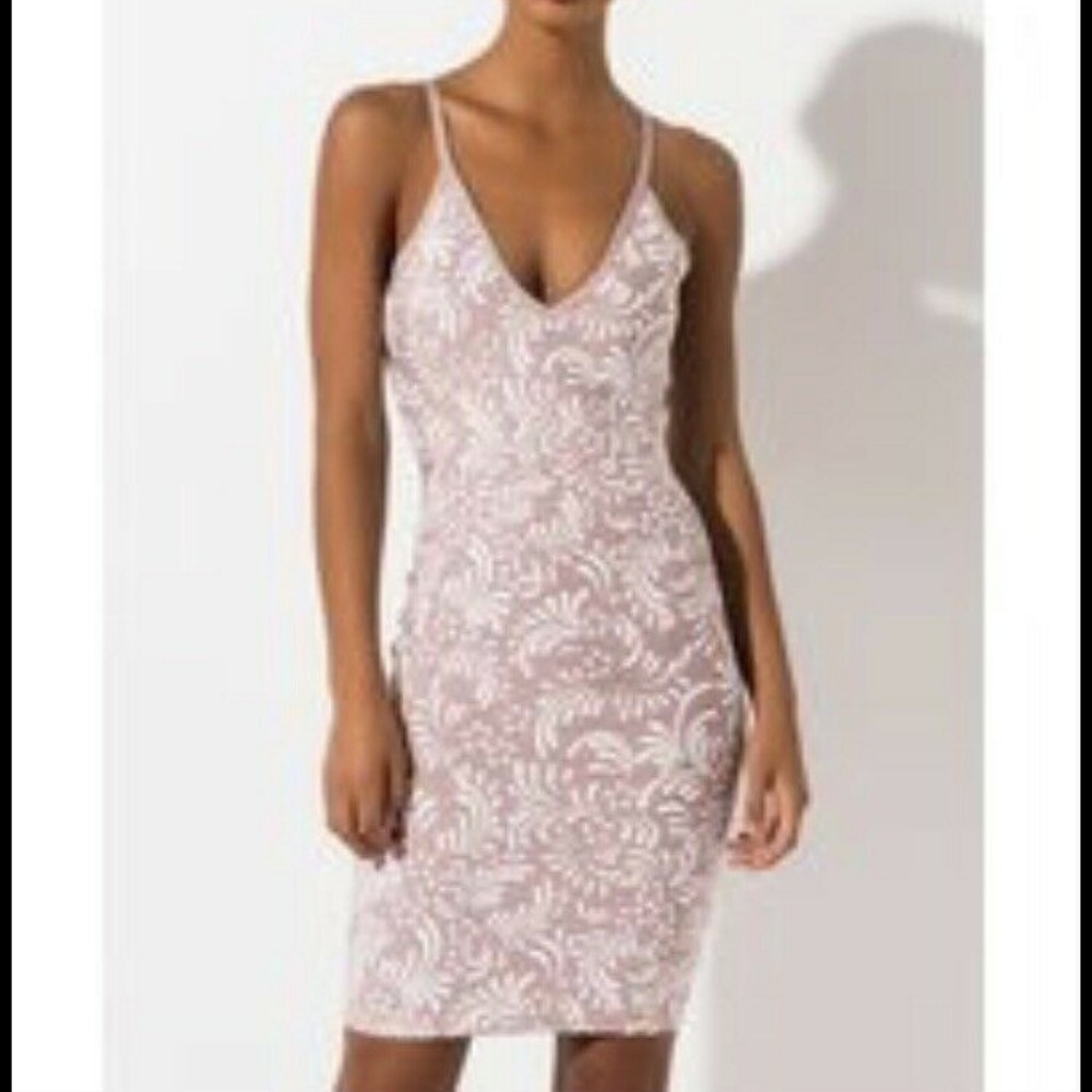 Akira brand new dress nude/neutral w white print